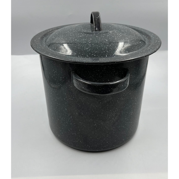 Vintage EnamelWare Black Speckled White Medium Stock Soup Pot W Lid - Picture 2 of 10